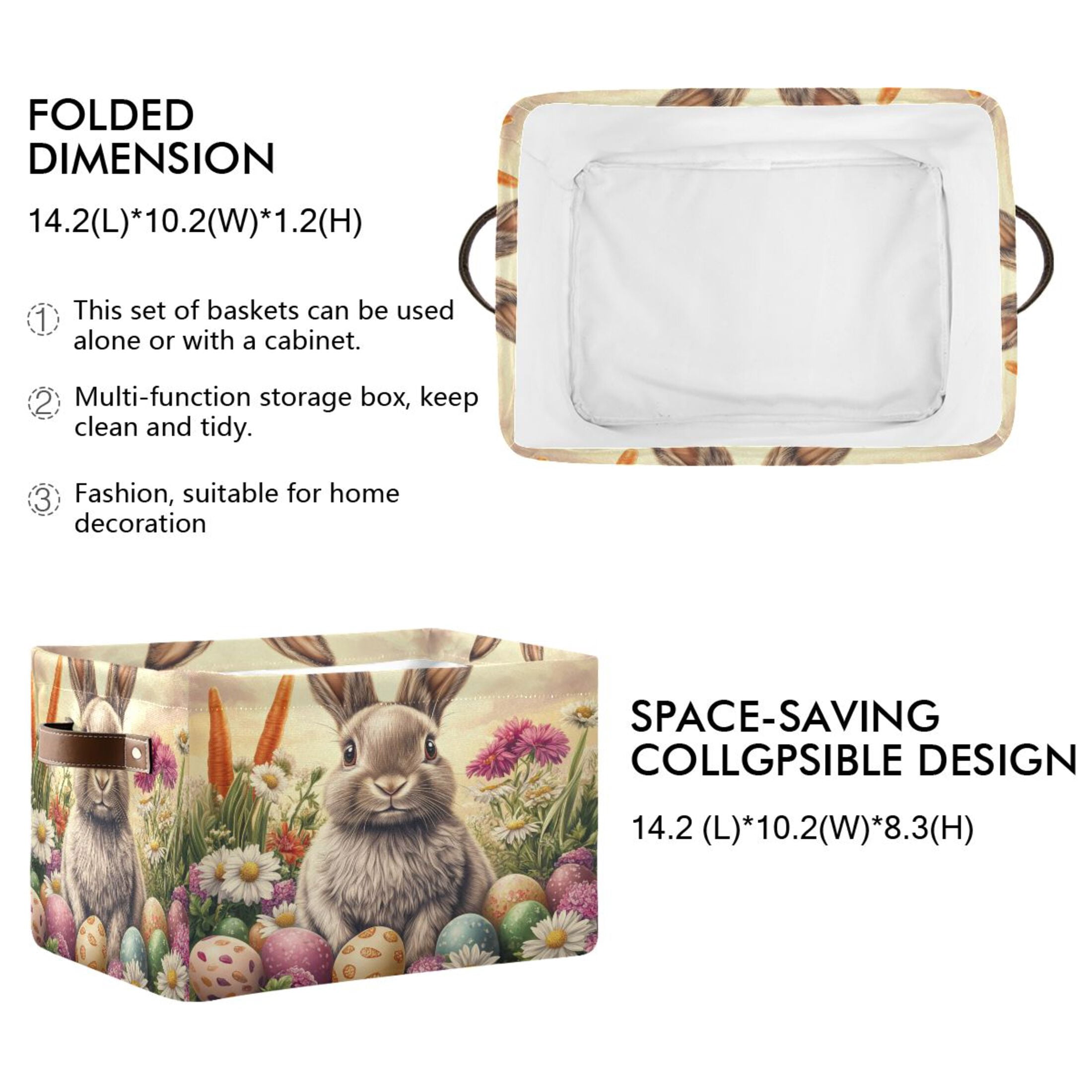 WOBOGO Lovely Easter Bunny Square Storage Basket with Waterproof Canvas and PE Lining Durable PU Leather Handles 14.2×10.2×8.3in