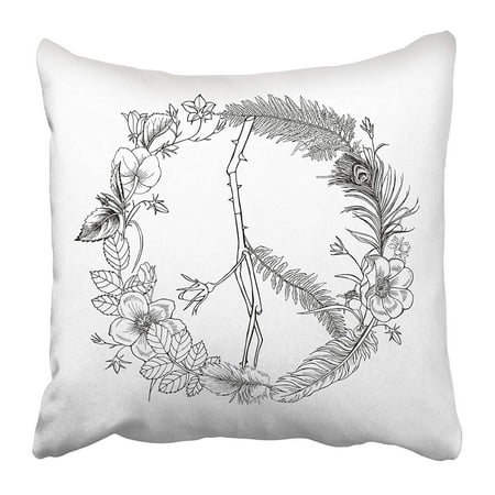 Peace Love Pillows ECCOT Black Flower Boho Hippie Peace Sign Wreath White Floral Hand Love Nature Drawing Pillowcase Pillow Cover 18x18 inch ()