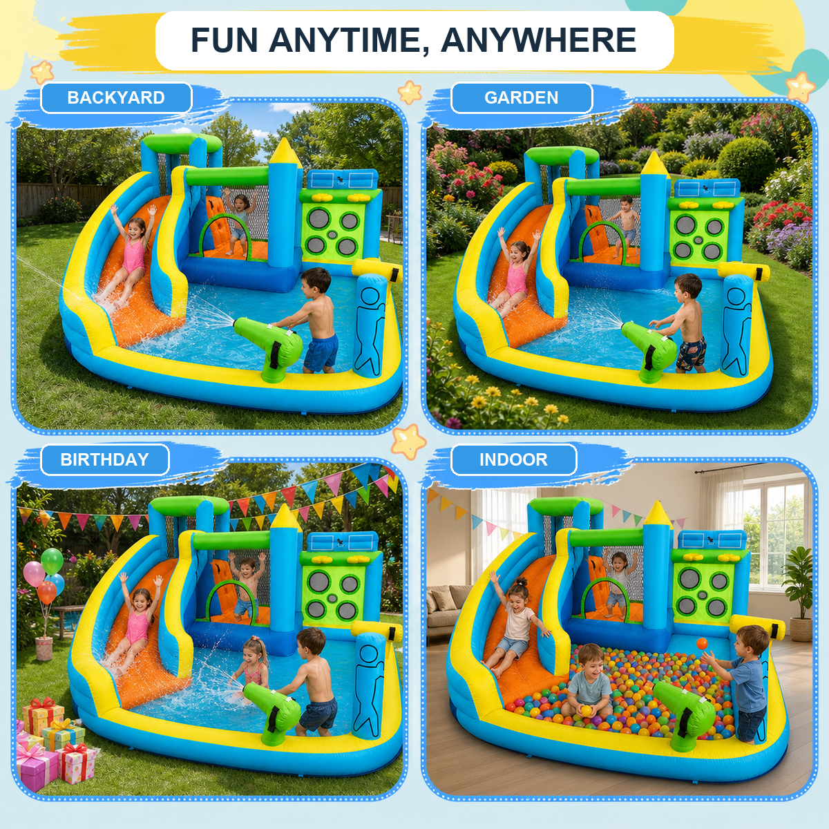 7-in-1 Inflatable Bounce House with Water Slide & 480W Blower, Kids Bouncy Castle with Climbing Wall, Water Gun, Splash Pool, Jumping Area & Basketball Hoop for Indoor and Outdoor Backyard Use