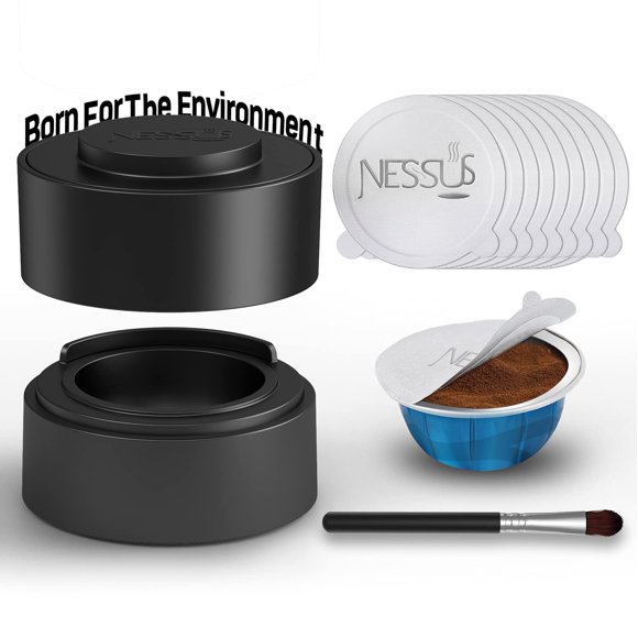 Nessus Vertuo - Juego de c&aacute;psulas reutilizables, 50 piezas [ALSeal EZ FIT] sellos de papel de aluminio para c&aacute;psulas Nespresso, Vertuolina, soporte y cepillo para polvo, se adapt