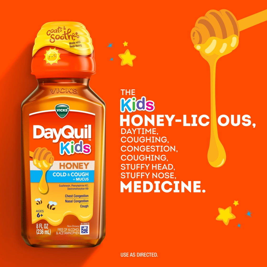 Vicks DayQuil and NyQuil Kids Cold and Cough Liquid, Cold Medicine for Children, Honey, 2x8 Fl oz