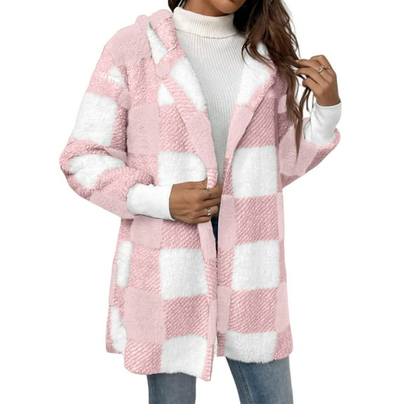 Dweltoz Sherpa Lined Jacket for Women Fall Fashion Open Front Fleece Plaid Jacket Plus Size Winter Warm Fuzzy Shacket Outerwear with Pockets,Pink XL