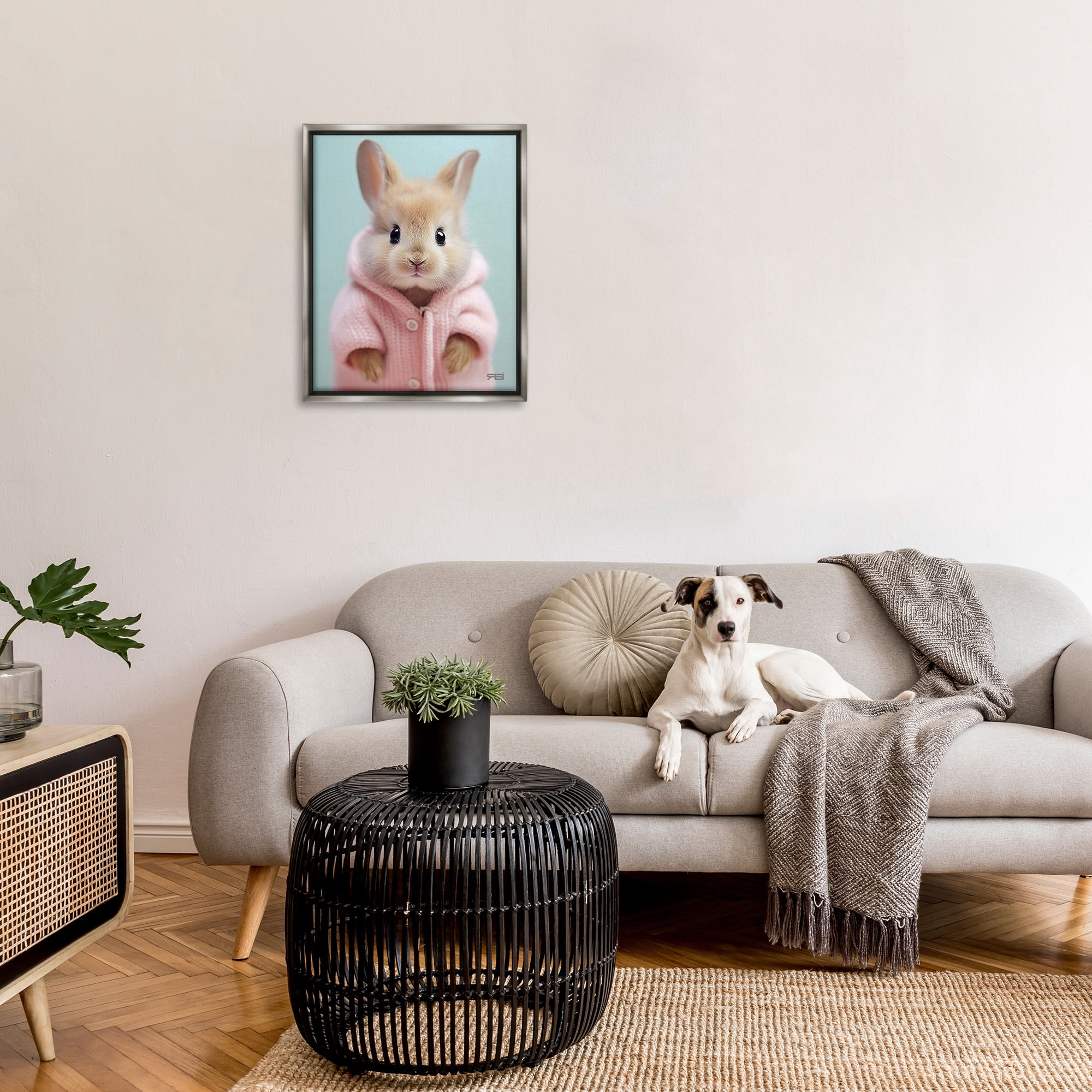 Stupell Industries Bunny in Cozy Sweater Animals & Insects Painting Gray Floater Framed Canvas Art Print Wall Art, 25 x 31