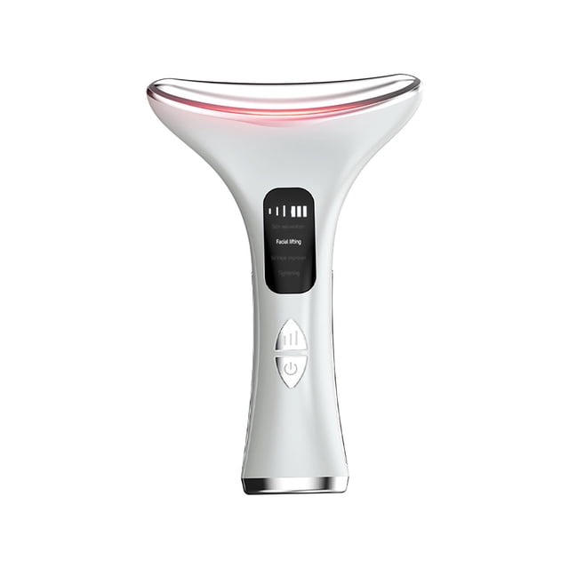 masajeador facial para rostro y cuello, varita de modelado facial con 3 colores y 4 modos: vista frontal centrada de un dispositivo blanco en forma de T con cabezal curvado y borde plateado, pantalla negra en el mango y dos botones visibles; cuerpo ABS brillante sobre fondo blanco. Incluye cable USB y manual; también se usa con frecuencia para relajar la zona del cuello durante viajes.