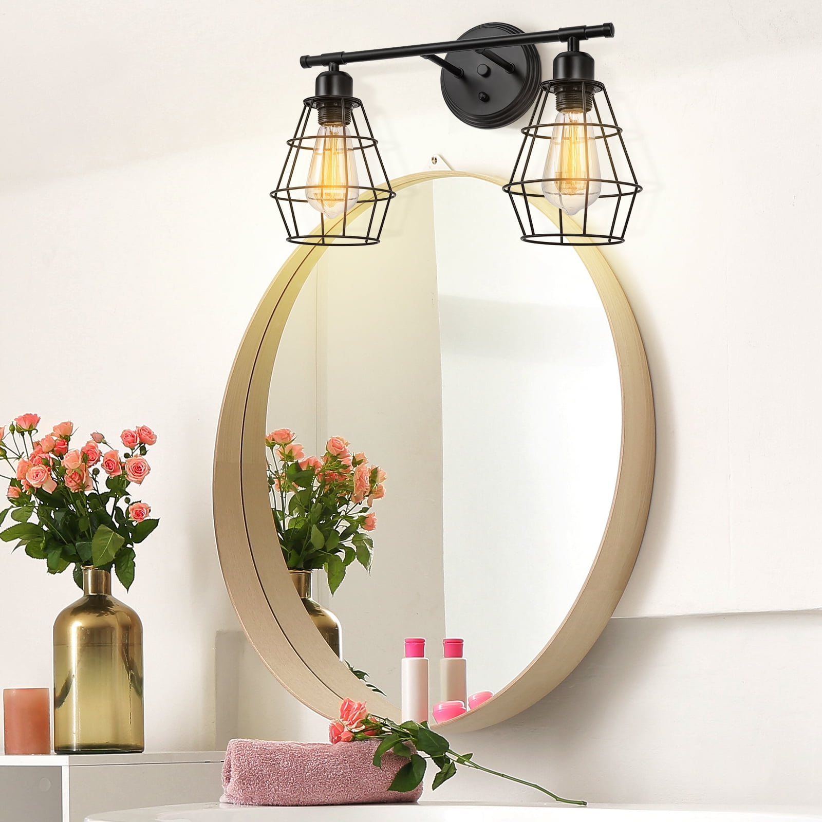 Bathroom Wall Lamp Black 2 Lights for Industrial Vanity Light with Metal Cage Vintage Wall Lamp for Farmhouse Dresser Dresser Dressing Table Mirror Cabinet Set of 2
