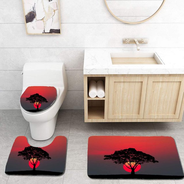 ABPHQTO Silueta, un, árbol, y, pradera, ocaso Juego de alfombras de baño de 3 piezas Alfombra de baño Alfombra de contorno y tapa de inodoro ABPHQTO Cont-CHAPPLE-11675