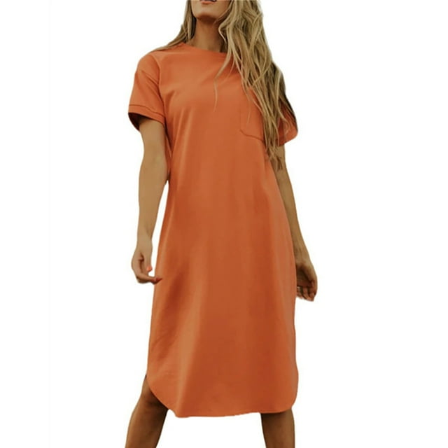 Yuyuzo Robe d'Été pour Femmes Manches Courtes Col Rond T-Shirts Basiques Unis Robe Midi Décontractée avec Poches