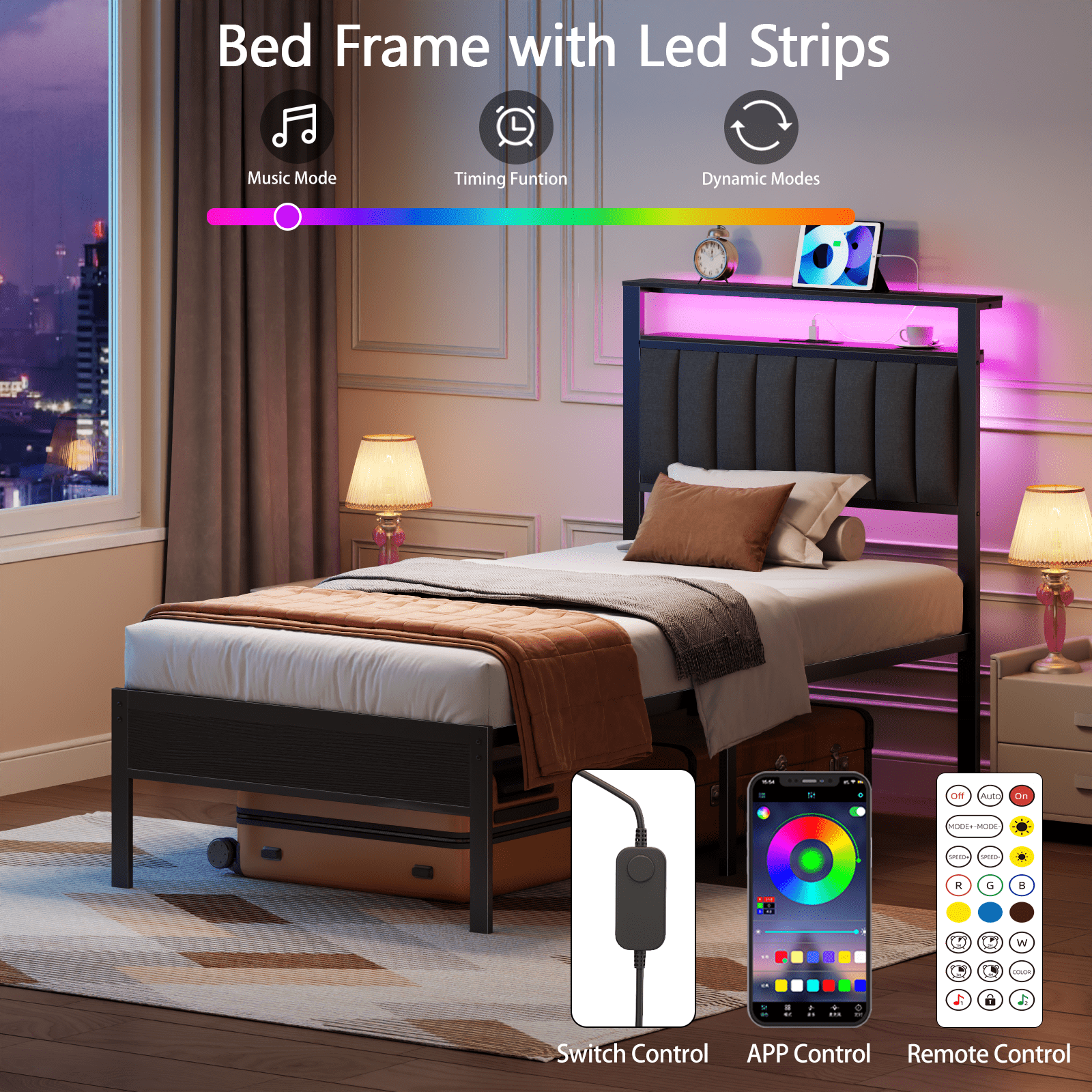 Glozzt Twin LED Bed Frame with Smart RGB Lights, Headboard Charging Station, Versatile Storage Solution, Comfortable Upholstered Backrest, No Box Spring Needed