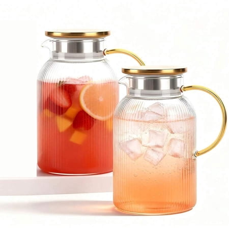 GNWZCUYSNS 2Pcs 50oz Striped Heat Resistant Glass Carafe Set with Lid, Premium Multi-Drink Storage Pitcher, Water & Iced Tea Beverage Dispenser, Holiday Gift for Coffee and Tea Enthusiasts