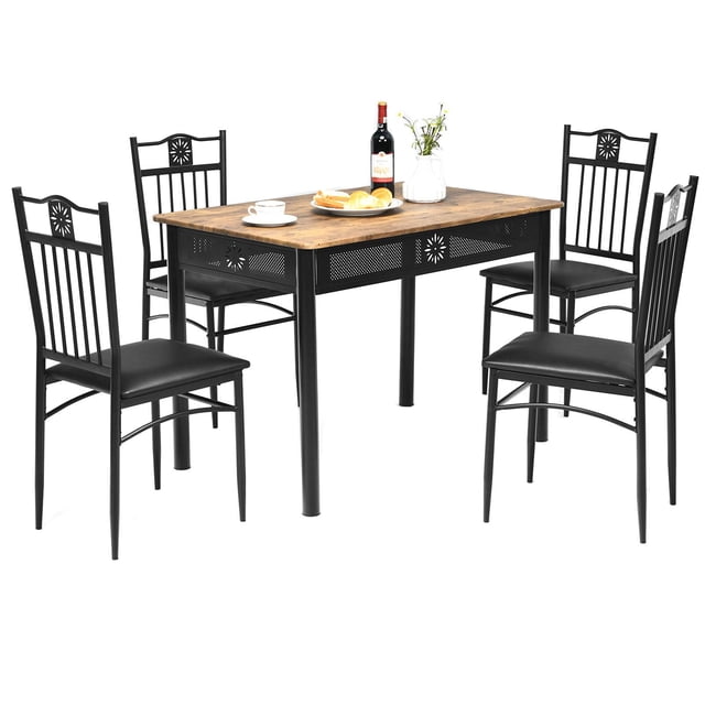 Giantex 5 Piece Dining Set featuring a rectangular wood top table with a black metal frame and four matching chairs with soft padded seats. The chairs have decorative backrests, and the set is designed for home kitchens or dining rooms. The compact design allows the chairs to be tucked under the table for space-saving. Ideal for dining, working, or entertaining.