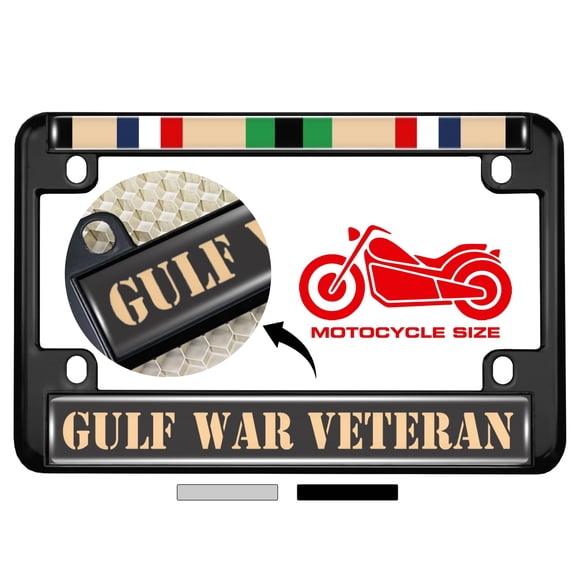 Motorcycle Metal License Plate Frame with Gulf War Veteran Design - Black