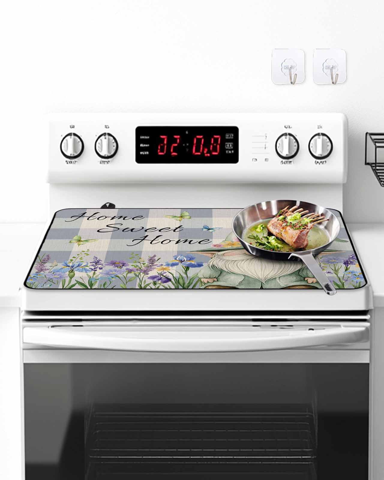 Stove Top Covers for Electric Stove 36x21 Inches, Rustic Gnome Heat Insulation Fireproof Glass Cooktop Protector, Spring Flowers Butterfly Purple Check Countertop Stovetop Cover for Kitchen