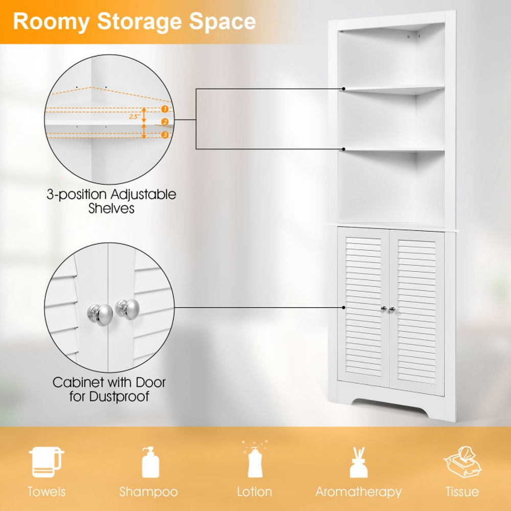 Finihen Bathroom Storage Cabinet, Bathroom Floor Cabinet, Free Standing Tall Bathroom Corner Storage Cabinet with 3 Shelves, for Bathroom, Living Room, Bedroom, Kitchen, White Finihen Bathroom Storage Cabinet, Bathroom Floor Cabinet, Free Standing Tall Bathroom Corner Storage Cabinet with 3 Shelves, for Bathroom, Living Room, Bedroom, Kitchen, White