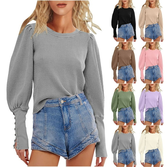 UVEASISHA Womens Waffle Knit Tops Side Split Button Up Long Sleeve Casual T Shirt Trendy Solid Crew Neck Sweaters Black L