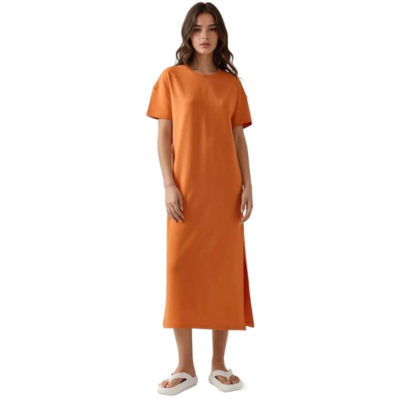 Relaxed Fit Midi Dress with Crew Neck
