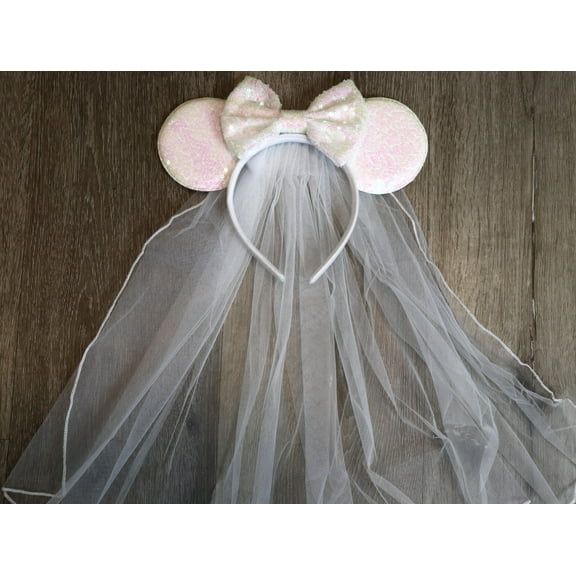 Bride Iridescent Minnie Ears Headband, White Veil Bride Minnie Ears, Honeymoon Ears, Wedding Ears, Bachelorette Party Ears