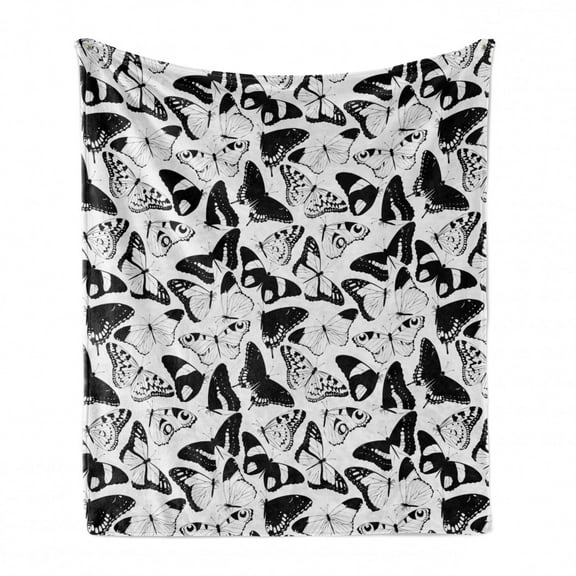 Butterfly Soft Flannel Fleece Blanket, Bicoloured Silhouettes of Flying Insects with Different Style Wings, Cozy Plush for Indoor and Outdoor Use, 50" x 70", Charcoal Grey and White, by Ambesonne
