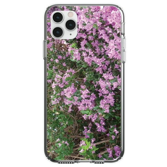 DistinctInk Clear Shockproof Hybrid Case for iPhone 13 (6.1" Screen) - TPU Bumper, Acrylic Back, Tempered Glass Screen Protector - Purple Flowers Mykonos Greece