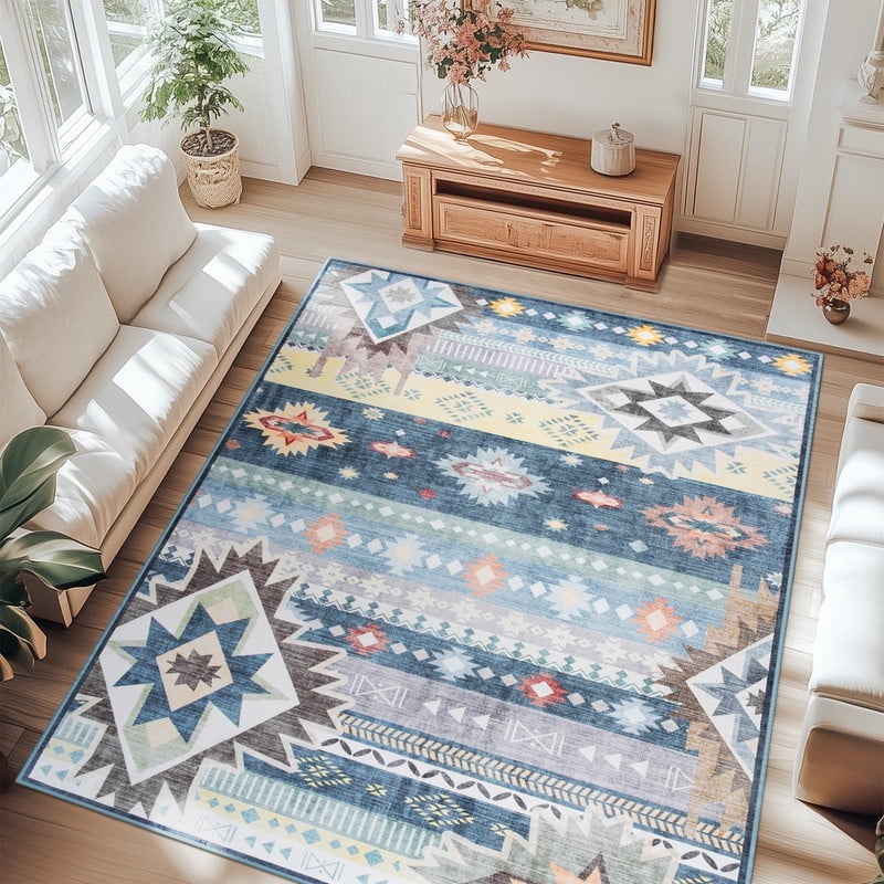 Jamfeel Area Rugs Boho Print Low Pile Washable Carpet Soft Non-slip Rug for Living Room Bedroom Kitchen 5'x8' Blue