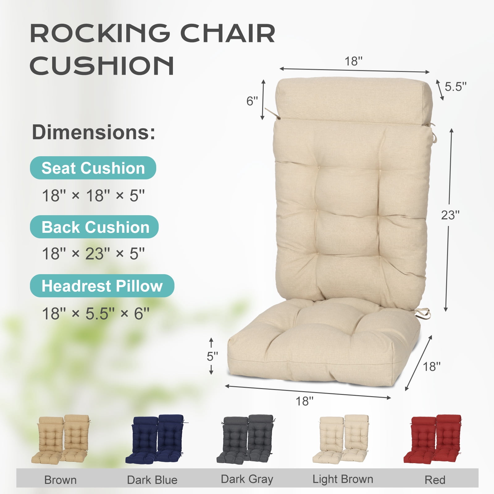 Aoodor  2 Pcs High Bcak Rocking Chair Cushion for Outdoor Indoor, Water Resistant & Fade Resistant Polyester Patio Adirondack Chair Cushion with Straps, 18" x 47",  Light Brown