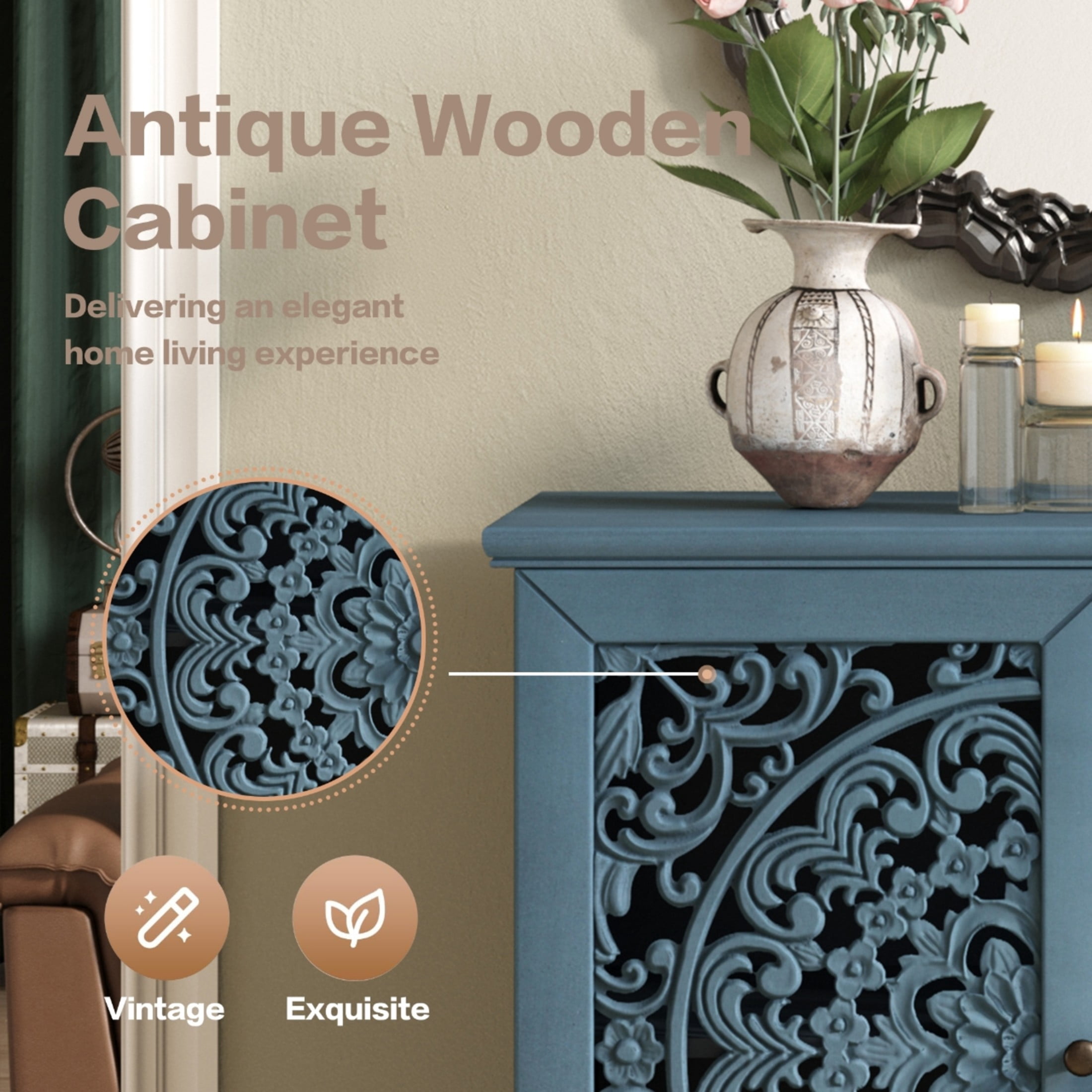 Noble house Vintage Hollow-Carved Accent Cabinet, 2-Door Sideboard, Adjustable Shelf & Solid Wood Legs,Antique Blue