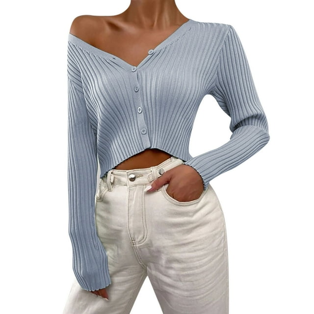 Baberdicy Chandails pour Femmes, Cardigan Court à Manches Longues Ouvert, Léger, Bleu Clair
