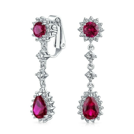 - Teardrop CZ Crown Clip On Dangle Chandelier Earring Cubic Zirconia Rhodium Plated Brass (More Colors Available)