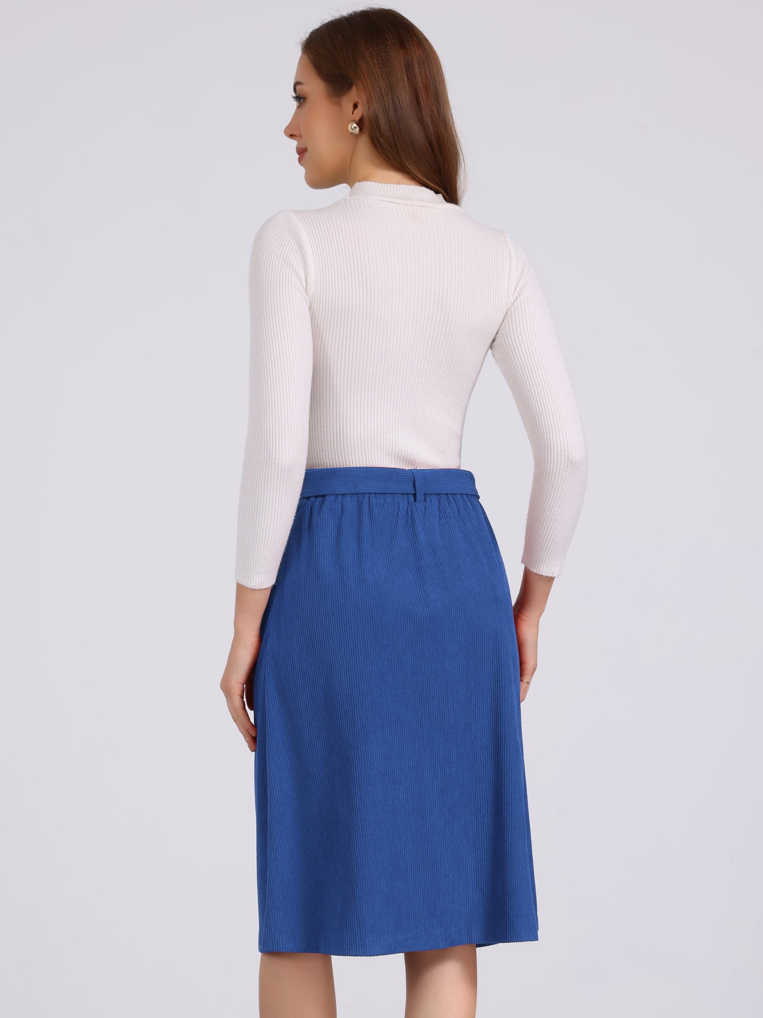DARING DIVA Women's High Waist Button Front A-Line Belted Corduroy Skirt L Royal Blue