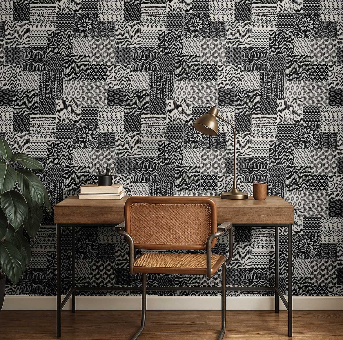 S4Sassy Modern Patchwork Ikat Wallpaper - Black Wall Covering, 25" x 360" Self-Adhesive Textured Vinyl Wall Paper, Decorative Wallwrap, Easy DIY Walls Covering For Bedroom, Cabinets, Living Spaces