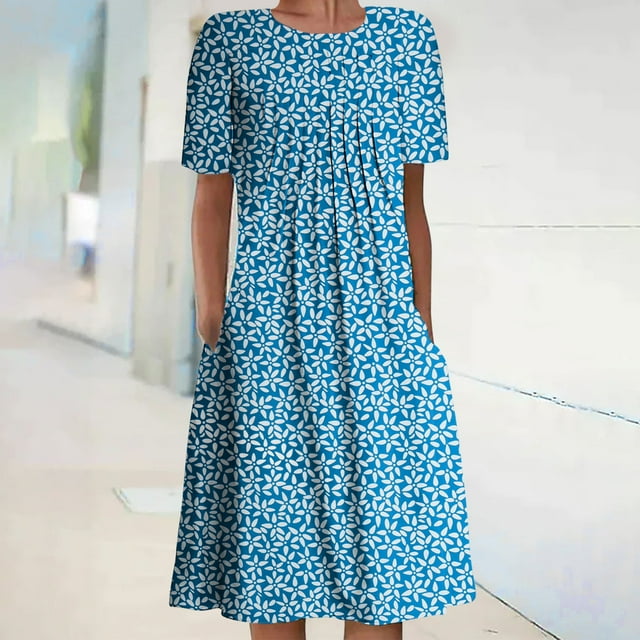 Robes Maxi pour Femmes 2023 Robe d'Été Bohème Imprimée à Manches Courtes Robe de Plage Longueur Genou Robe à Manches Courtes en Solde