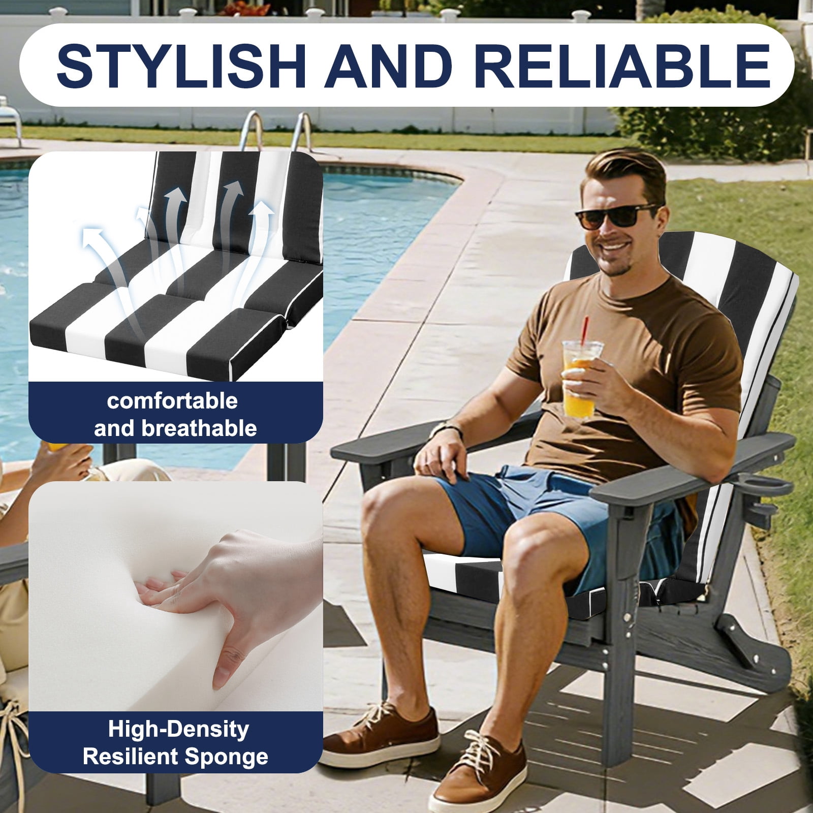 Outdoor Adirondack Chair Cushion, 50”x20” High-Back Rocking Chair Pad, Waterproof Patio Furniture Cushion for Indoor & Outdoor Use