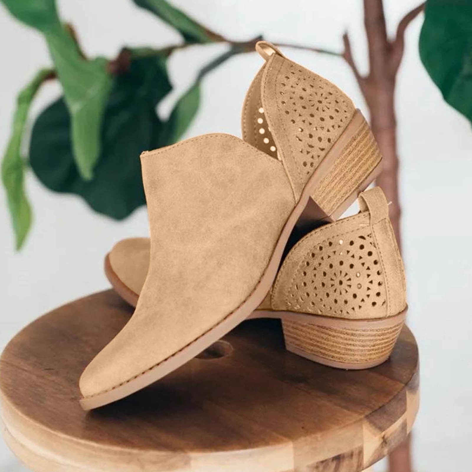 Dakaela Ankle Boots for Women Casual Slip on Loafers Chunky Low Heel Dress Shoes Cut out Work Booties