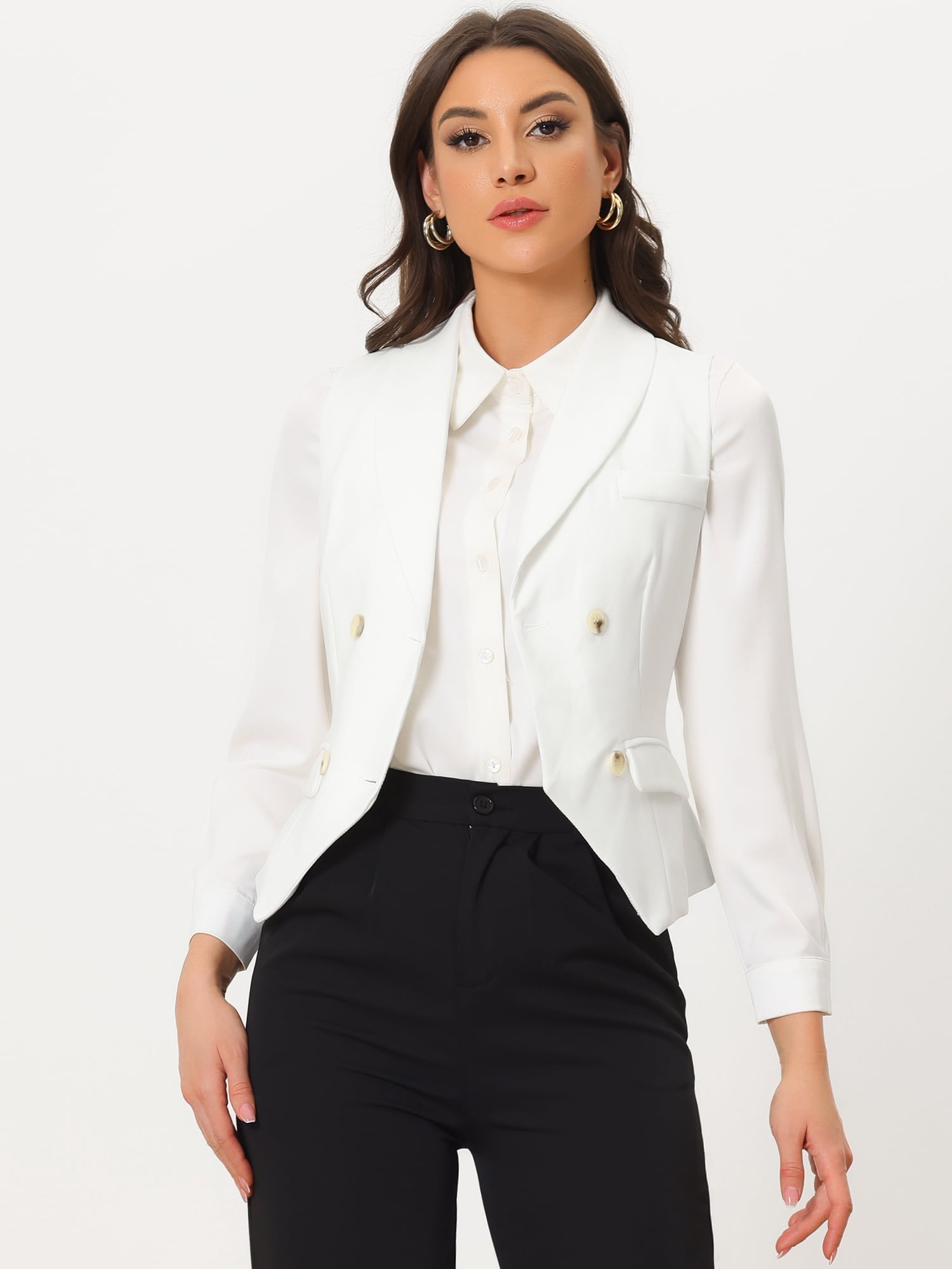 DARING DIVA Women's Waistcoat Double Breasted Shawl Lapel Suit Vest M White