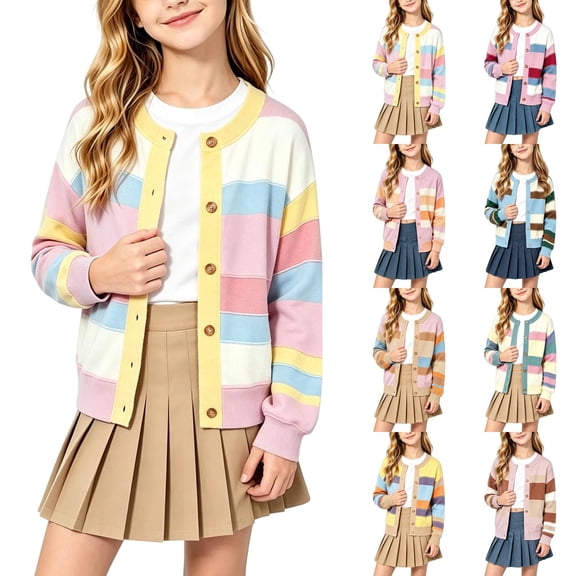 Girls Sweater Sweet Color Block Cardigan Long Sleeve Knit Top