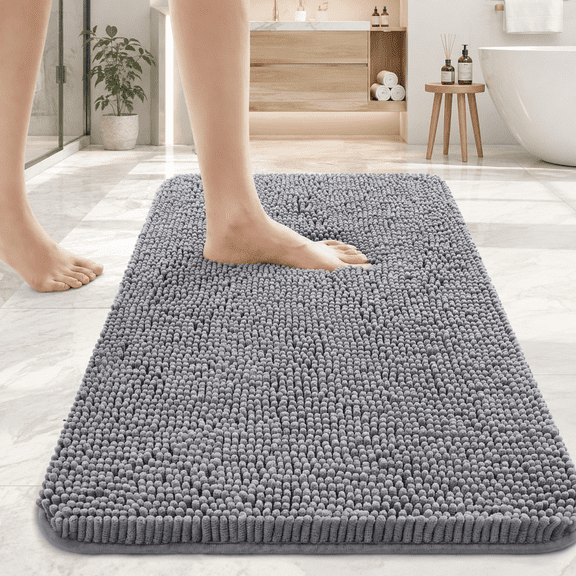 Sasttie Chenille Bathroom Rugs 17x24, Quick Dry Machine Washable Bath Mats with Rubber Backing, Grey