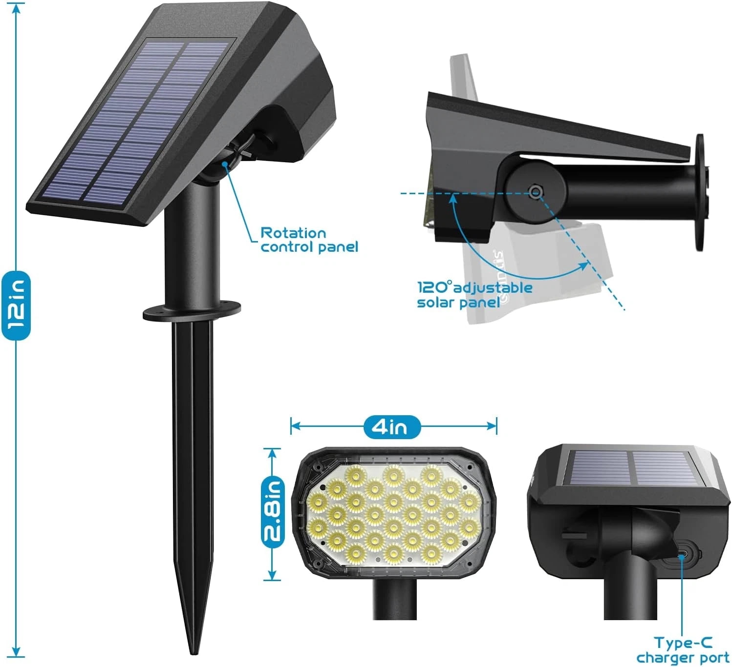 Solar Spotlight Outdoor Waterproof IP67,  3 Lighting Modes 28 LED USB & Solar Wall Lights for Garden Path Patio Yard Pool