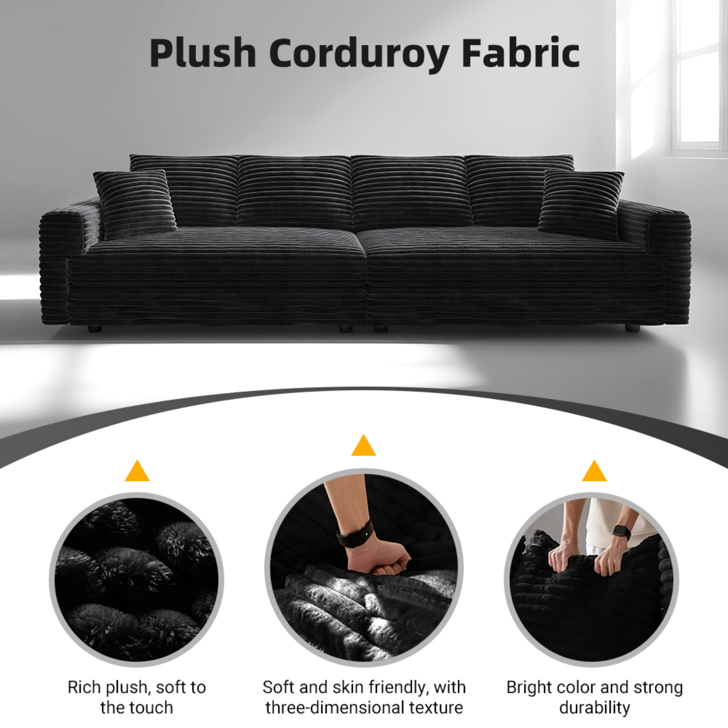 Alvantor 4-Seat Sofa with 3 Movable Ottomans 102" W Corduroy Upholstered Deep Seat Couches Convertible Chaise for Living Room, Apartment Black