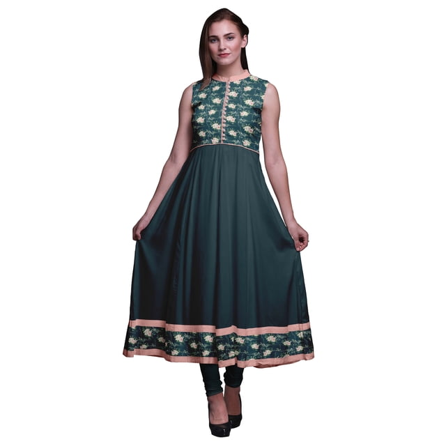 Bimba Kurti Indien Long Floral Bleu Sarcelle Foncé pour Femmes Robe Anarkali Kurti Sans Manches Imprimée XXX-Large