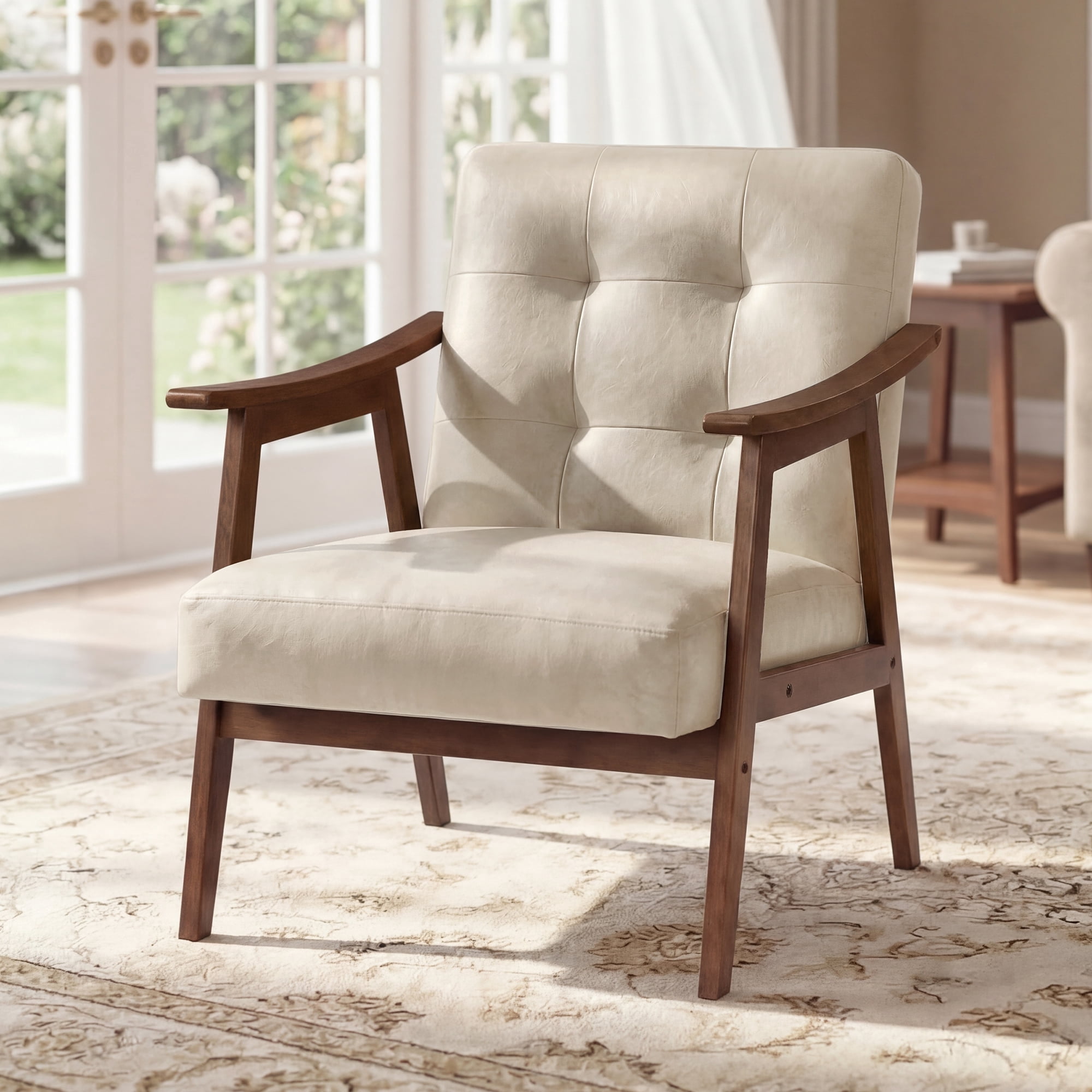 VASAGLE Accent Chair, PU Leather Armchair, Button Tufted Living Room Chair, Thick Cushion, Mid Century Modern Lounge Seating, White