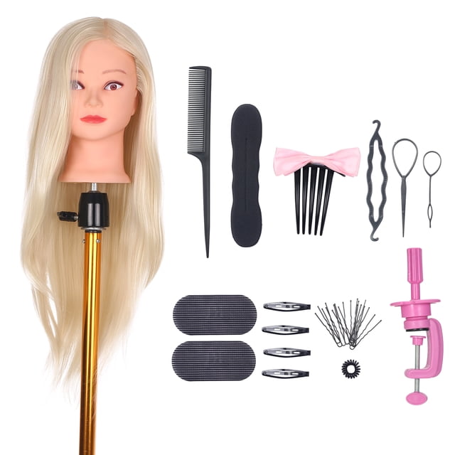Cabeza de maniquí con soporte de abrazadera para trenzar el cabello, práctica de maniquí, cabeza para peluquería, cosmetología, conjunto de peluca de pelo simulado