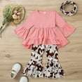 thumbnail image 3 of Uccdo 6M-4T Toddler Baby Girls Clothes Long Sleeve Cow Print Outfit Solid T-Shirt + Flare Pants Bell-Bottom Leggings + Headband Set, 3 of 8