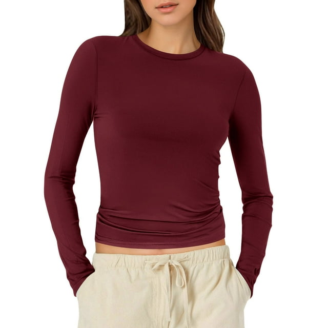 T-Shirts pour Femmes 2025, T-Shirts Femmes, Hauts Ajustés pour Femmes à Manches Longues Compression Femmes Manche Col Rond Court Long T-Shirt Femme Haut Tee Shirt Basique Coton Spandex Chemises Femmes Uni