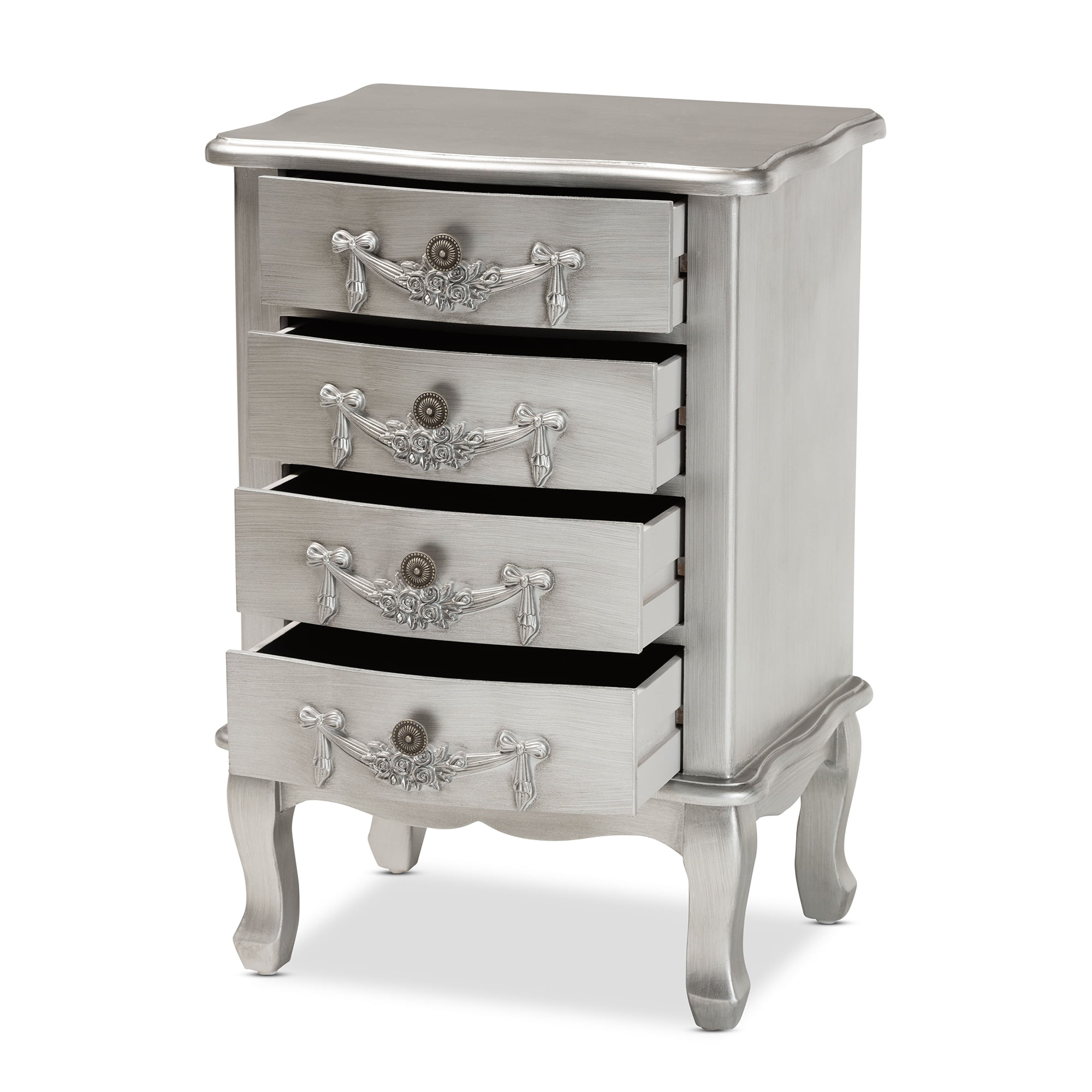 Baxton Studio Callen Classic and Traditional Brushed Silver Finished Wood 4-Drawer End Table