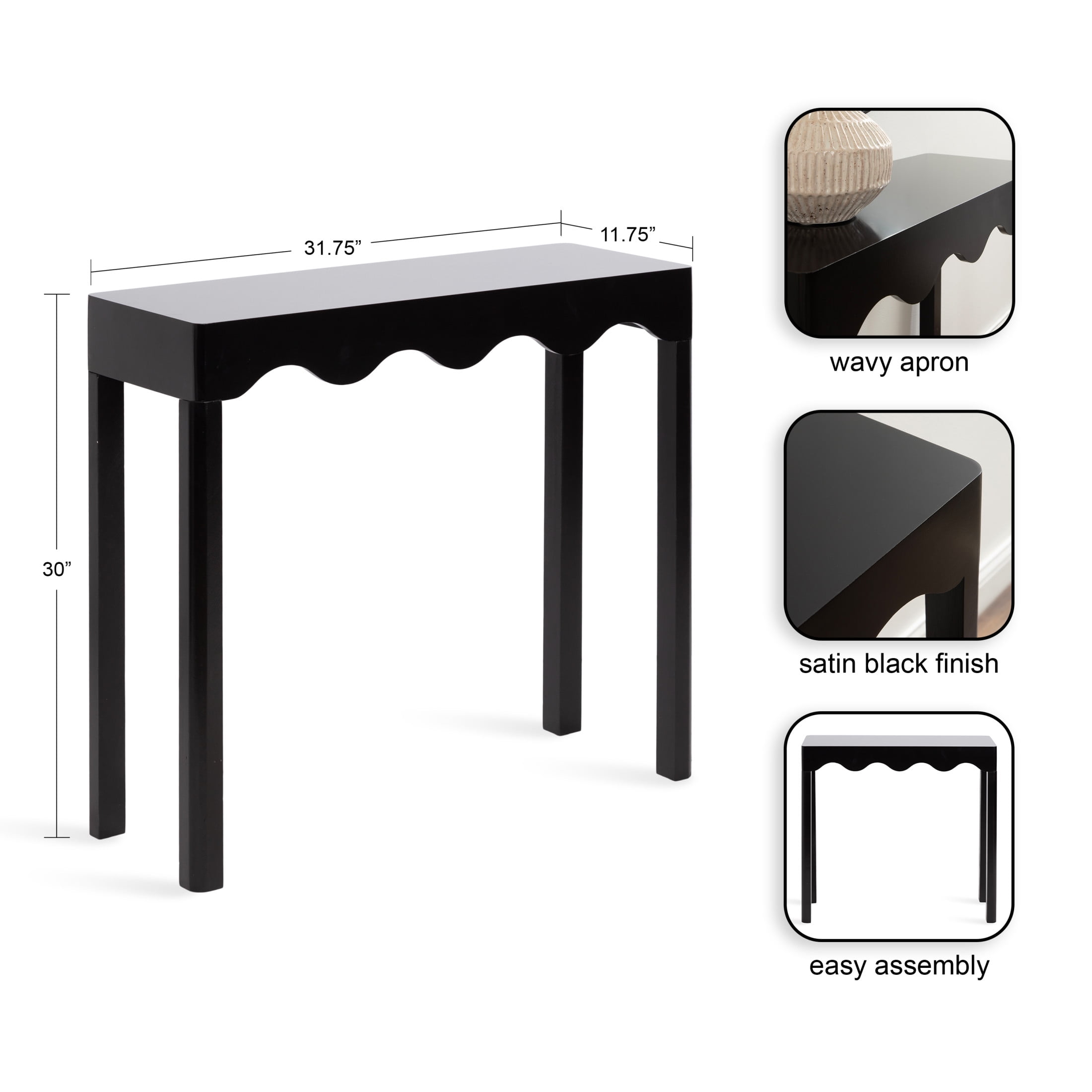 Kate and Laurel Maida Modern Rectangle Wooden Wavy Console Table, 32 x 12 x 30, Black, Transitional Decorative Entryway Table with Wavy Apron for Entry Decor Option