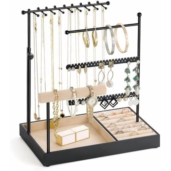 Jewelry Holder, Jewelry Organizer Stand Necklace Earring Bracelet Holder, 5 Tier Jewelry Display Tower Rack with Metal Frame and Velvet Ring Tray, Aesthetic Jewelry Stand Gift for Women, Black