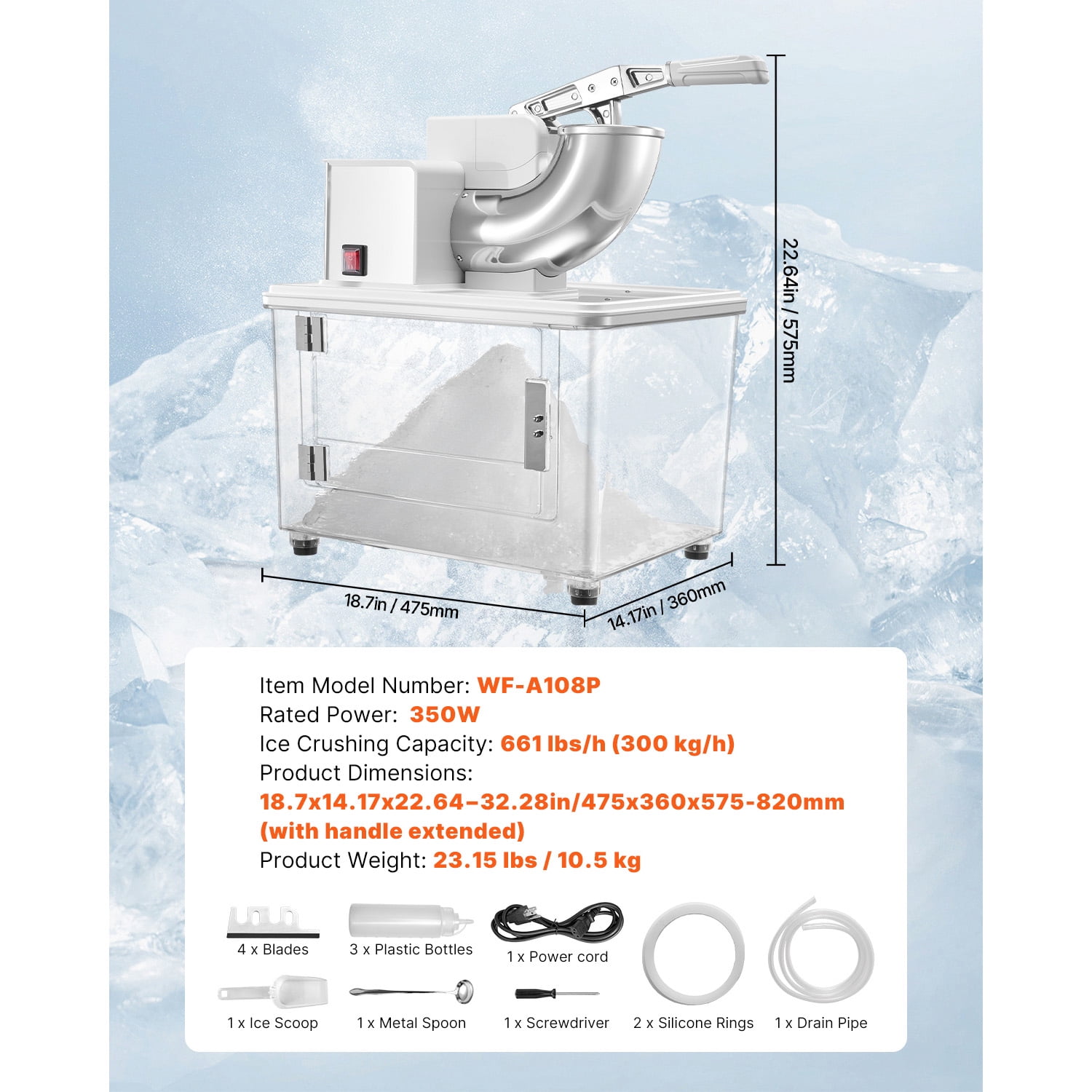 KFFKFF Commercial Ice Crusher 661LBS/H, 350W Electric Snow Cone Machine with 4 Blades, 1400RPM Stainless Steel Shaved Ice Maker with 11 Gal Ice Storage, Ideal for Homes, Restaurants, and Bars, White