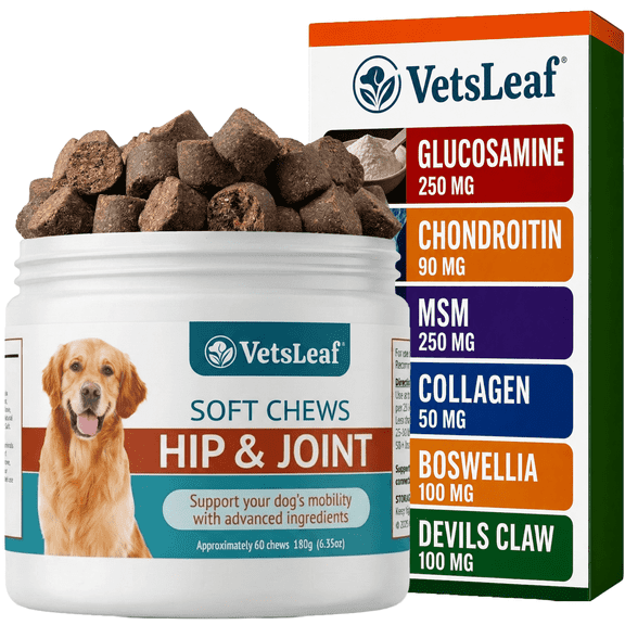 VetsLeaf Dog Hip and Joint Supplement Chews - Glucosamine, Chondroitin & MSM with Collagen, Boswellia & Devils Claw - 6g Per Chew - Made in USA - 60 Count