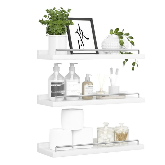 Modern Floating Shelves Set of 3, White and Grey Wall Shelves for Bathroom Living Room Bedroom, Display Decor Plants Picture Frames Kitchen