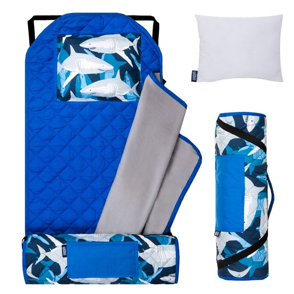 Wildkin Modern Nap Mat with Elastic Corner Straps for Toddler Boys and Girls, Daycare and Preschool (Sharks Blue)