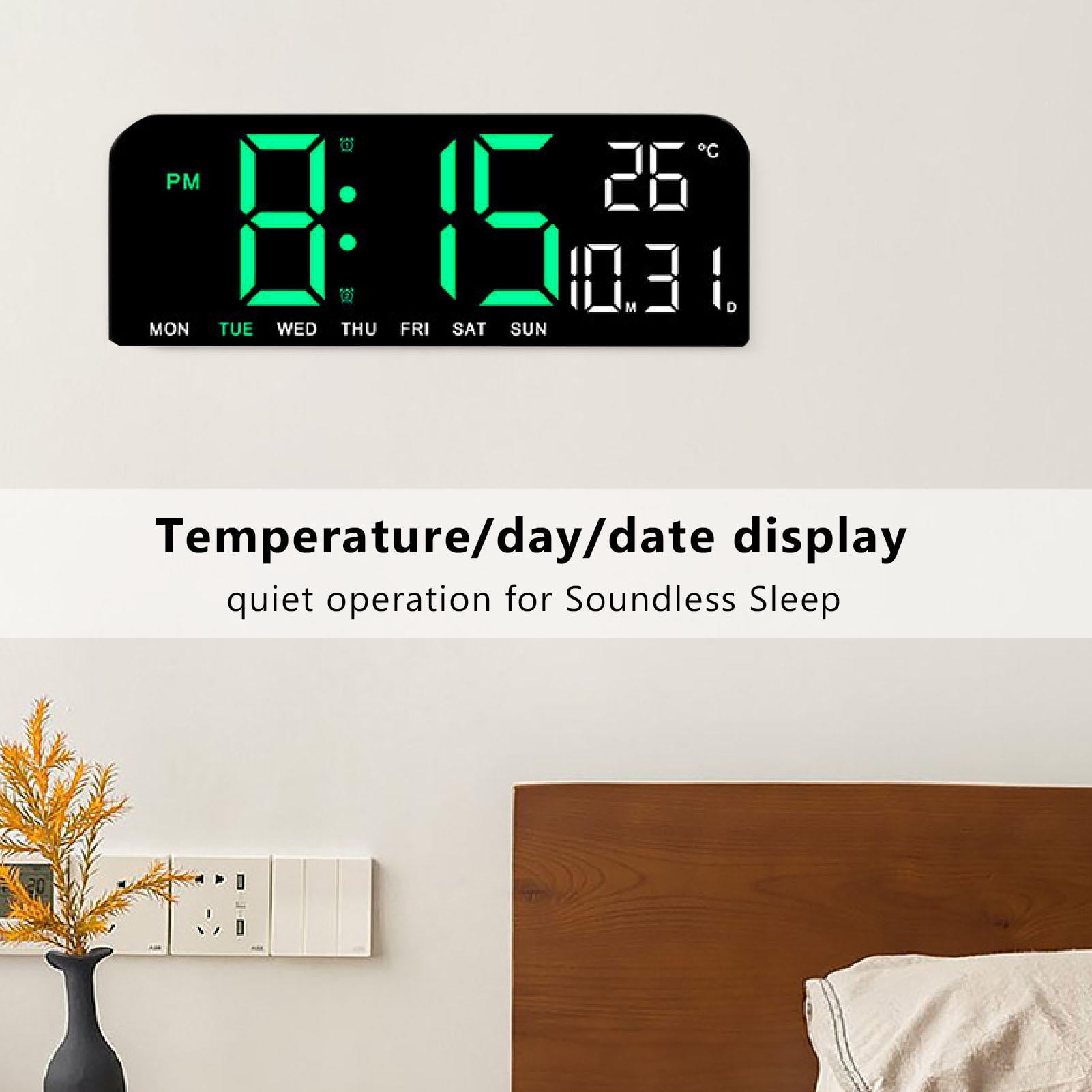 BIMZUC Large LED Digital Alarm Clock – 12/24H, °C/°F, Dual Alarms, Adjustable Brightness, Temperature, Date & Week Display, USB/Battery Powered, Wall/Desk Mount